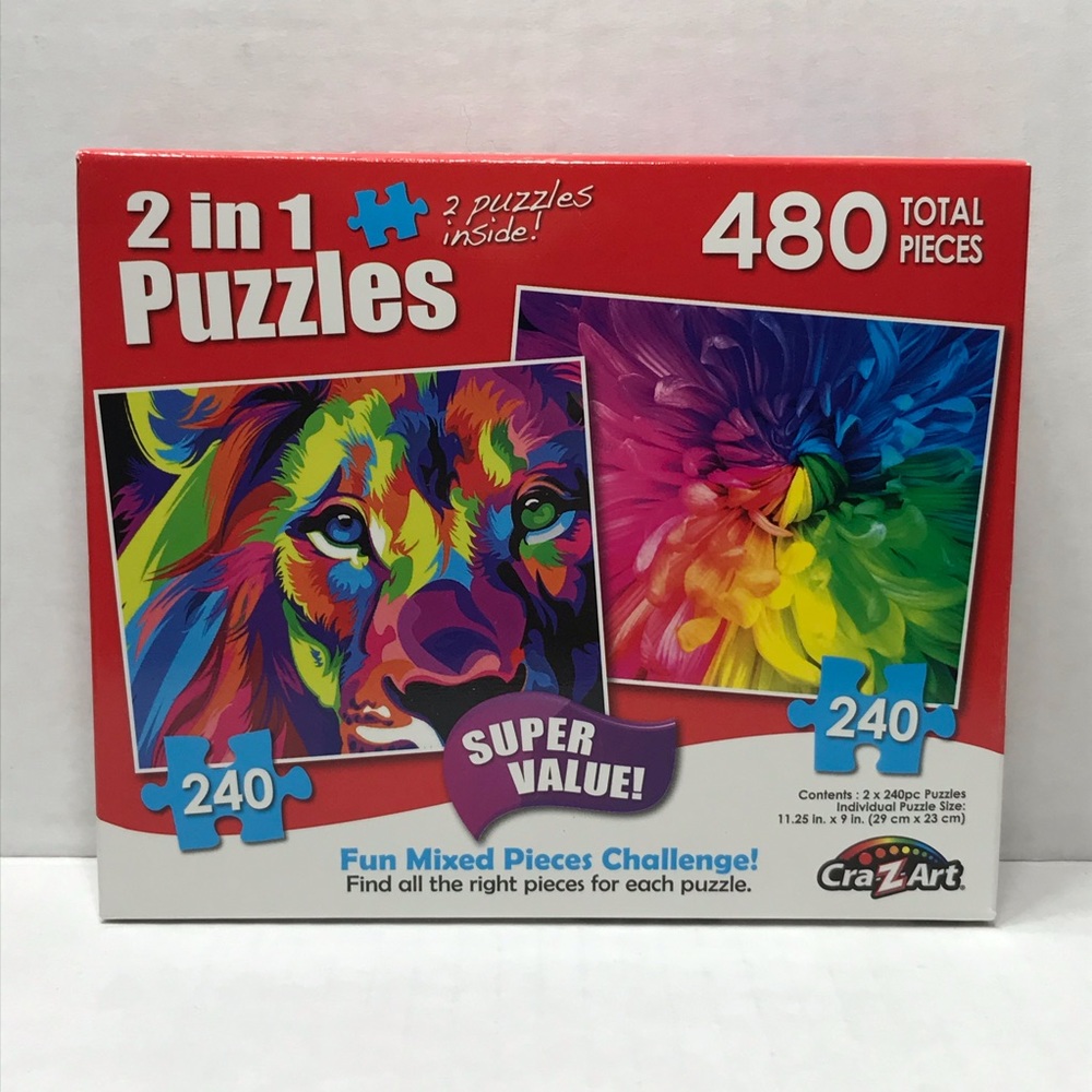 🌸$4🌸 2-in1 puzzles rainbow lion and chrysanthemum 11.25” x 9” 240 pieces each